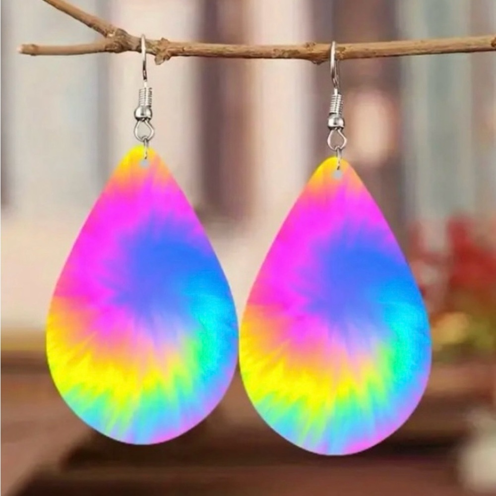 Multicolor Psychedelic Water-drop Shape Wooden Tie-dye Swirl Dangle Earrings